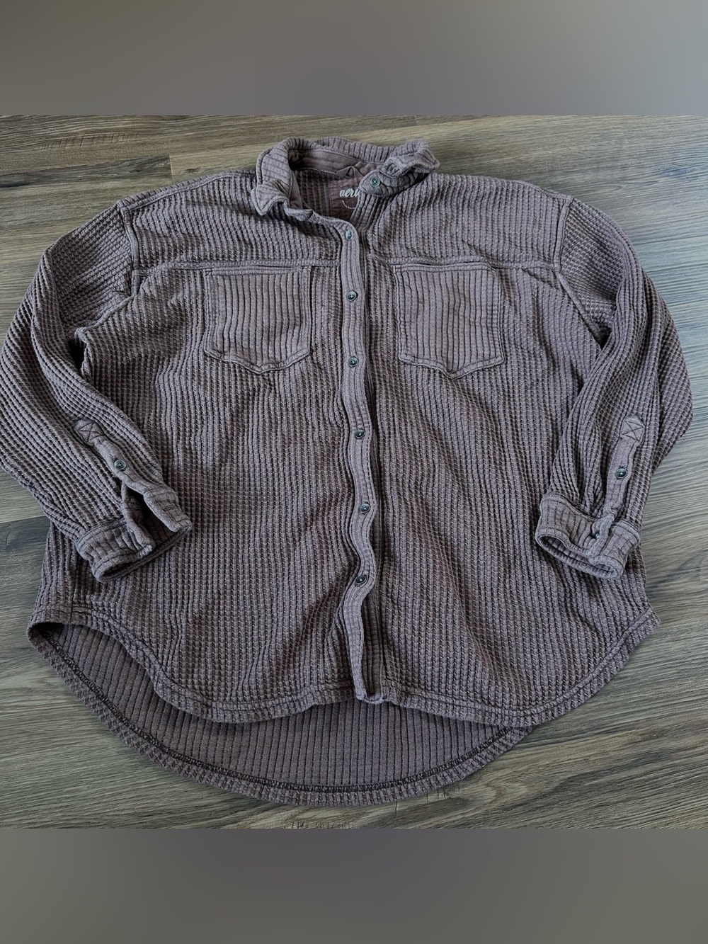 Aerie Anytime Fave Waffle Button Shirt Brown Oversized Comfort Women Medium Boho
